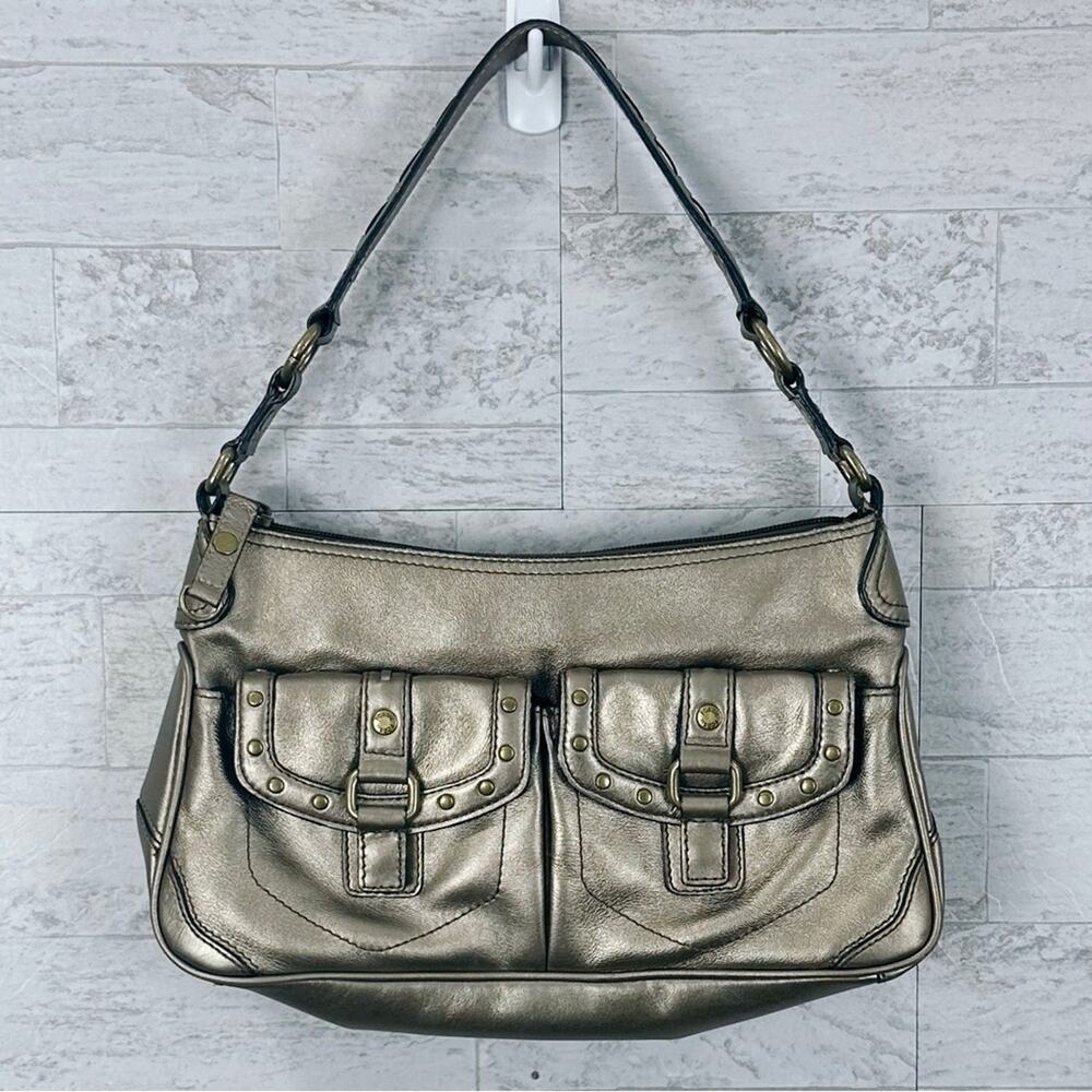Fossil metallic bronze gold leather studded shoulder hobo bag